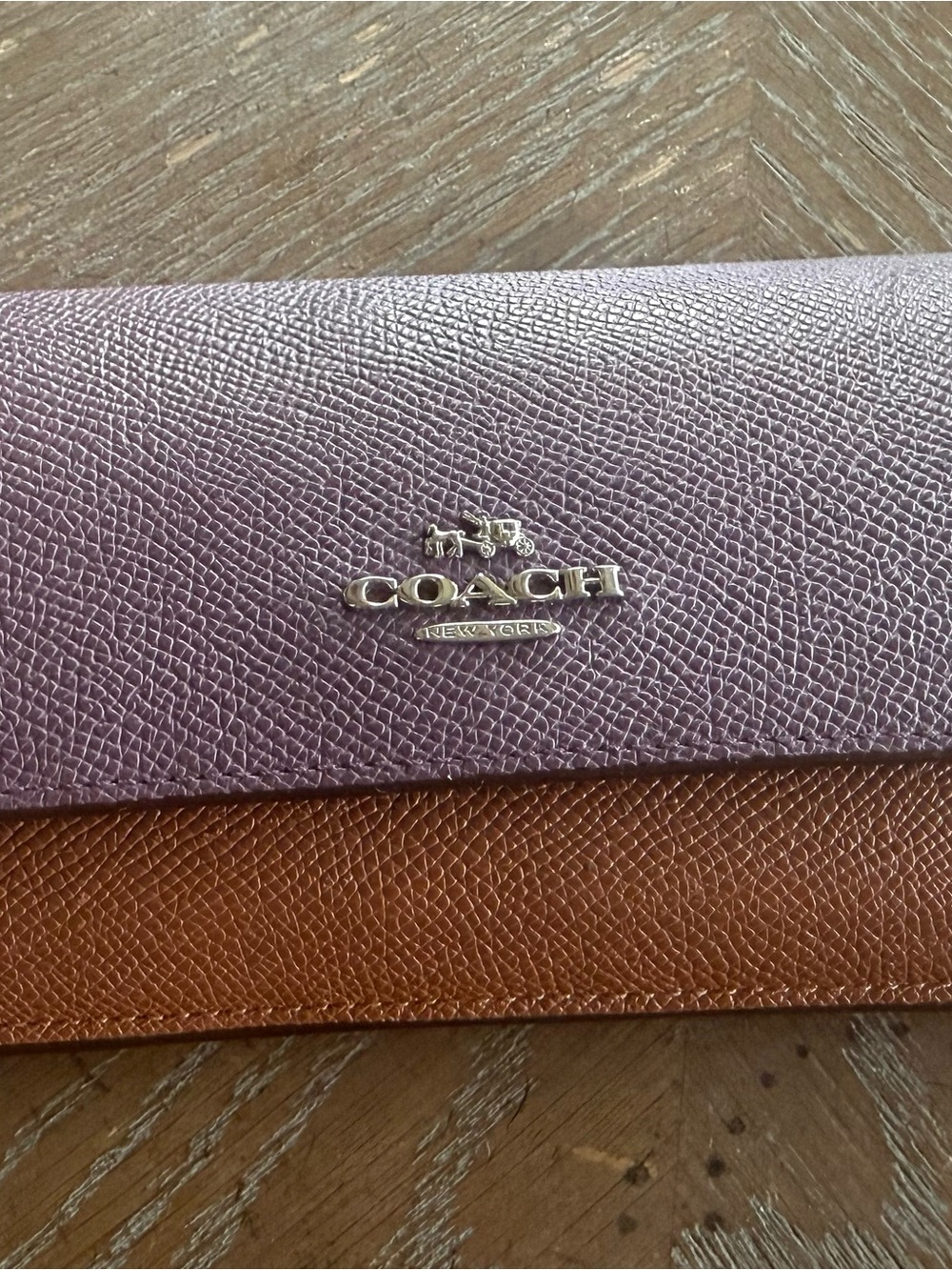 Coach Two-Tone Leather Wallet in Lavender and Cognac Brown